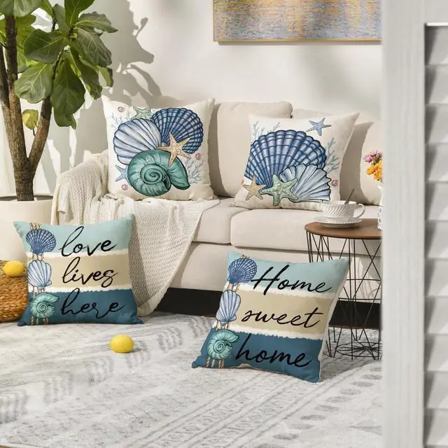 Alt view image 2 of 7 - Summer Ocean Sea Shell Home Sweet Home Throw Pillow Covers, 18 x 18 Inch Love Lives Here Conch Starfish Coral Holiday Seasonal Cushion Case Decorations Set of 4