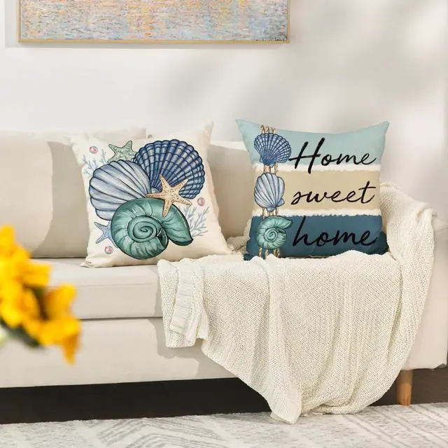 Alt view image 5 of 7 - Summer Ocean Sea Shell Home Sweet Home Throw Pillow Covers, 18 x 18 Inch Love Lives Here Conch Starfish Coral Holiday Seasonal Cushion Case Decorations Set of 4