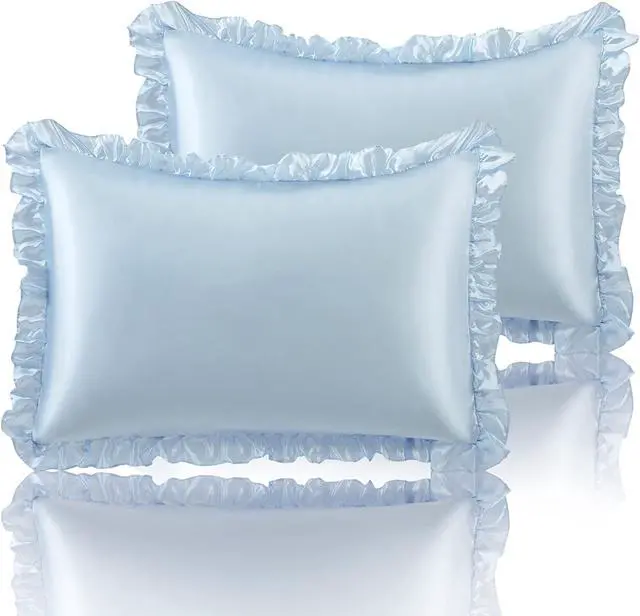 Main image of Ruffled Standard Satin Pillowcase Set of 2, Baby Blue Silky Satin Pillow Cases for Women Ruffle Pillow Shams Covers Princess Room Decoration, with Envelope Closure