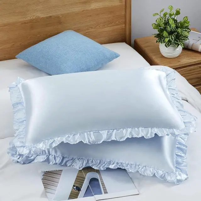 Alt view image 2 of 7 - Ruffled Standard Satin Pillowcase Set of 2, Baby Blue Silky Satin Pillow Cases for Women Ruffle Pillow Shams Covers Princess Room Decoration, with Envelope Closure