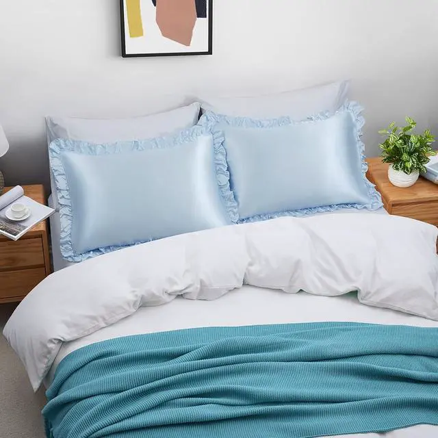 Alt view image 3 of 7 - Ruffled Standard Satin Pillowcase Set of 2, Baby Blue Silky Satin Pillow Cases for Women Ruffle Pillow Shams Covers Princess Room Decoration, with Envelope Closure