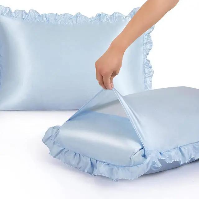 Alt view image 5 of 7 - Ruffled Standard Satin Pillowcase Set of 2, Baby Blue Silky Satin Pillow Cases for Women Ruffle Pillow Shams Covers Princess Room Decoration, with Envelope Closure