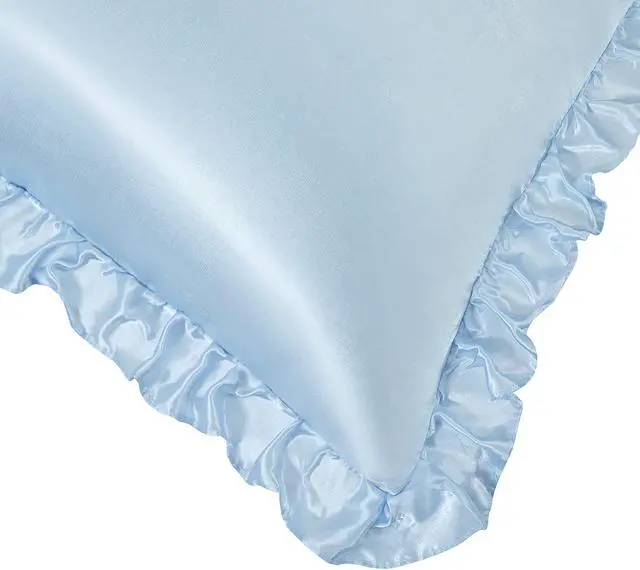 Alt view image 6 of 7 - Ruffled Standard Satin Pillowcase Set of 2, Baby Blue Silky Satin Pillow Cases for Women Ruffle Pillow Shams Covers Princess Room Decoration, with Envelope Closure