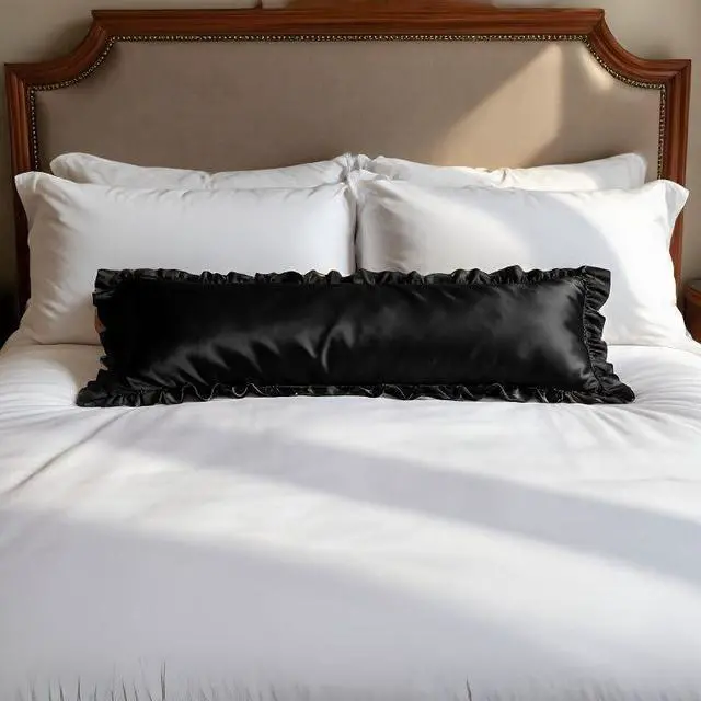 Main image of Ruffle Satin Pillowcase Set of 1, Luxury Cooling Pillow Covers with Envelope Closure, Modern Style Anti-Wrinkle Shams for Hair and Skin Care (Black, Body - 20 x 54 Inch)
