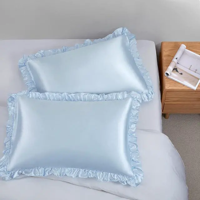 Alt view image 7 of 7 - Ruffled Standard Satin Pillowcase Set of 2, Baby Blue Silky Satin Pillow Cases for Women Ruffle Pillow Shams Covers Princess Room Decoration, with Envelope Closure