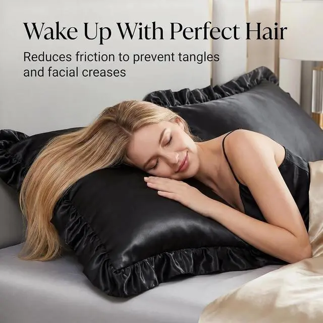 Alt view image 3 of 6 - Ruffle Satin Pillowcase Set of 1, Luxury Cooling Pillow Covers with Envelope Closure, Modern Style Anti-Wrinkle Shams for Hair and Skin Care (Black, Body - 20 x 54 Inch)
