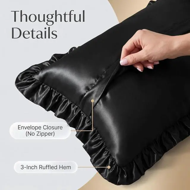 Alt view image 4 of 6 - Ruffle Satin Pillowcase Set of 1, Luxury Cooling Pillow Covers with Envelope Closure, Modern Style Anti-Wrinkle Shams for Hair and Skin Care (Black, Body - 20 x 54 Inch)