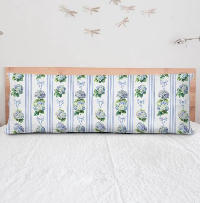 Main image of Blue Floral Hydrangea Bow Body Pillow Covers 20x54,Preppy Coquette Hydrangea Bow Decor,Stripe Botanical Vintage Long Body Pillow Case with Hidden Zipper for Couch Living Room Bedroom