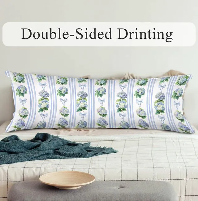 Alt view image 2 of 5 - Blue Floral Hydrangea Bow Body Pillow Covers 20x54,Preppy Coquette Hydrangea Bow Decor,Stripe Botanical Vintage Long Body Pillow Case with Hidden Zipper for Couch Living Room Bedroom