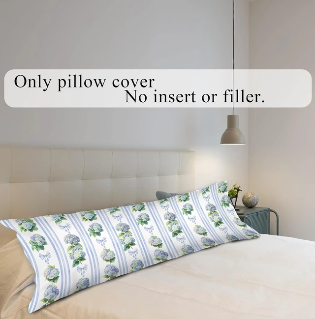 Alt view image 3 of 5 - Blue Floral Hydrangea Bow Body Pillow Covers 20x54,Preppy Coquette Hydrangea Bow Decor,Stripe Botanical Vintage Long Body Pillow Case with Hidden Zipper for Couch Living Room Bedroom