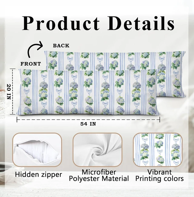 Alt view image 5 of 5 - Blue Floral Hydrangea Bow Body Pillow Covers 20x54,Preppy Coquette Hydrangea Bow Decor,Stripe Botanical Vintage Long Body Pillow Case with Hidden Zipper for Couch Living Room Bedroom