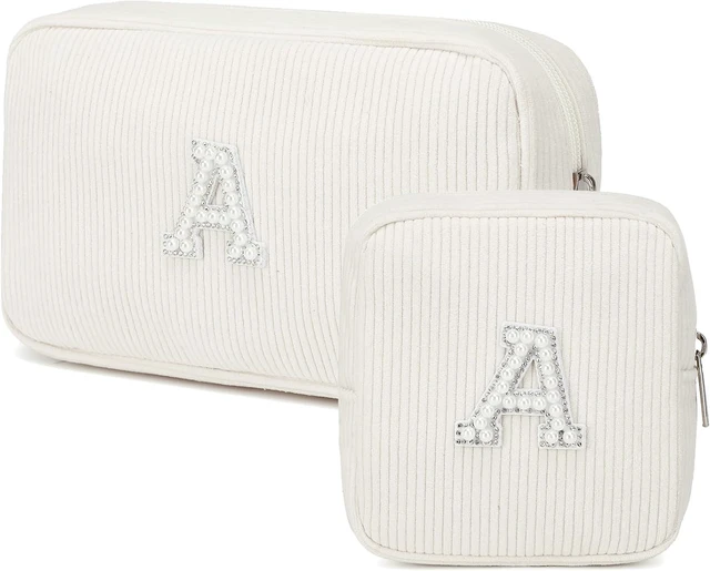 Main image of 2 Pieces Personalized Initial Makeup Bag for Women Corduroy Cosmetic Bags Set Travel Toiletry Bag Organizer Purse Pouch for Teen Girls - Beige A