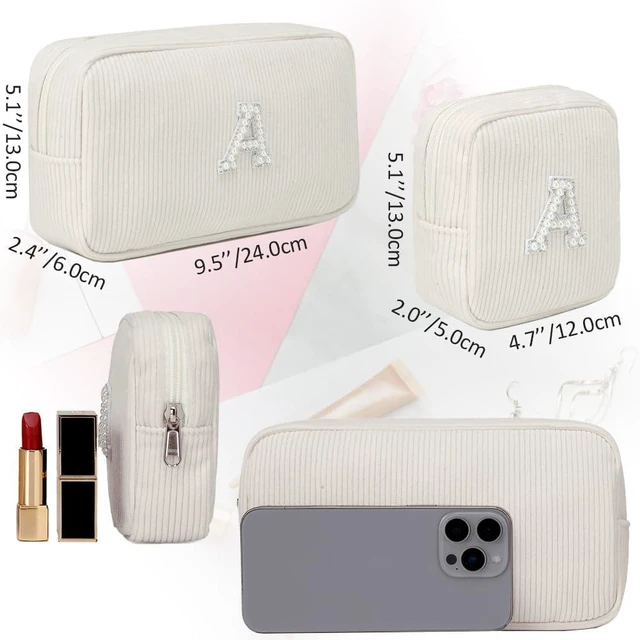 Alt view image 3 of 7 - 2 Pieces Personalized Initial Makeup Bag for Women Corduroy Cosmetic Bags Set Travel Toiletry Bag Organizer Purse Pouch for Teen Girls - Beige A