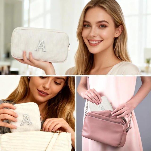 Alt view image 2 of 7 - 2 Pieces Personalized Initial Makeup Bag for Women Corduroy Cosmetic Bags Set Travel Toiletry Bag Organizer Purse Pouch for Teen Girls - Beige A