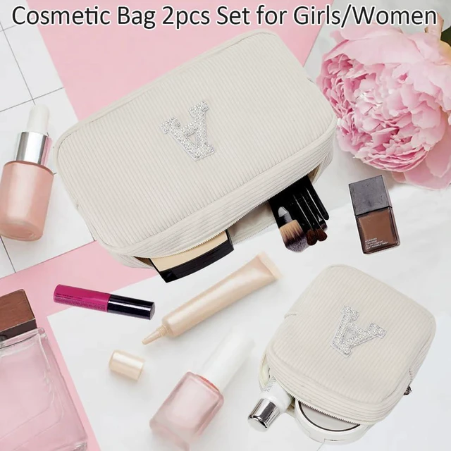 Alt view image 5 of 7 - 2 Pieces Personalized Initial Makeup Bag for Women Corduroy Cosmetic Bags Set Travel Toiletry Bag Organizer Purse Pouch for Teen Girls - Beige A