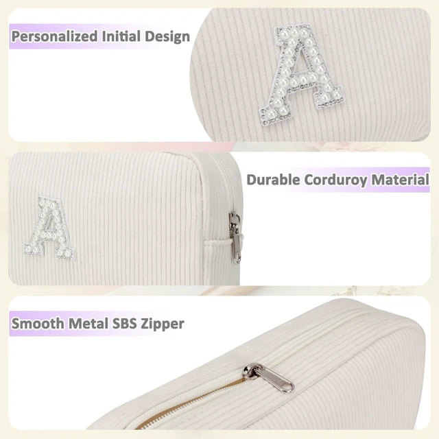 Alt view image 6 of 7 - 2 Pieces Personalized Initial Makeup Bag for Women Corduroy Cosmetic Bags Set Travel Toiletry Bag Organizer Purse Pouch for Teen Girls - Beige A