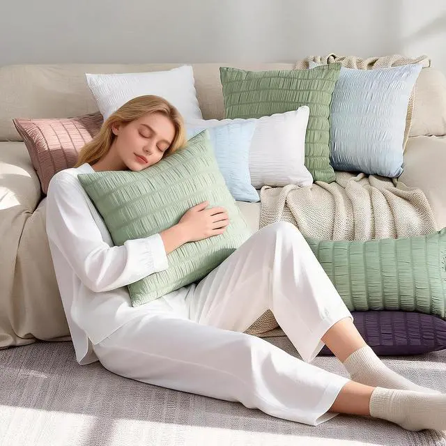 Alt view image 8 of 8 - JELLYMONI Light Green Seersucker Pillowcases 12" x 20"