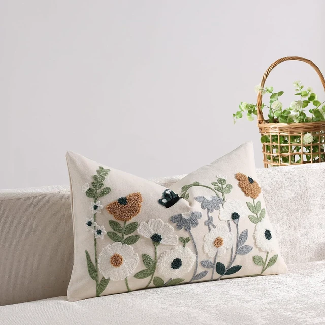 Alt view image 4 of 7 - Floral Embroidered Spring Lumbar Pillow Cover 12x20 Summer Boho Cute Accent Decorative Throw Pillow Cover for Living Room Couch Bedroom Sofa Home Decor