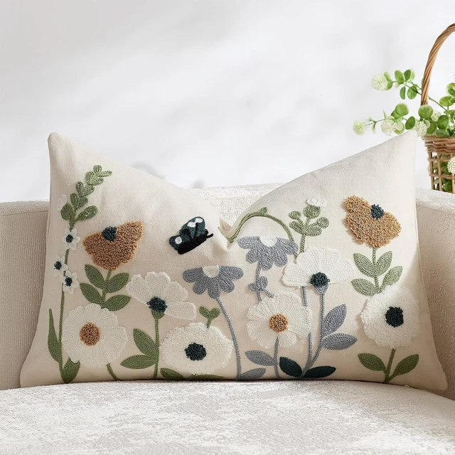 Main image of Floral Embroidered Spring Lumbar Pillow Cover 12x20 Summer Boho Cute Accent Decorative Throw Pillow Cover for Living Room Couch Bedroom Sofa Home Decor
