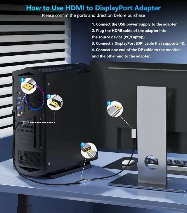Alt view image 7 of 7 - Active HDMI to DisplayPort Adapter | 4K@60Hz Converter Unidirectional HDMI Source to DP Display HDR Compatible with Laptop AMD NVIDIA PS5 Xbox and More