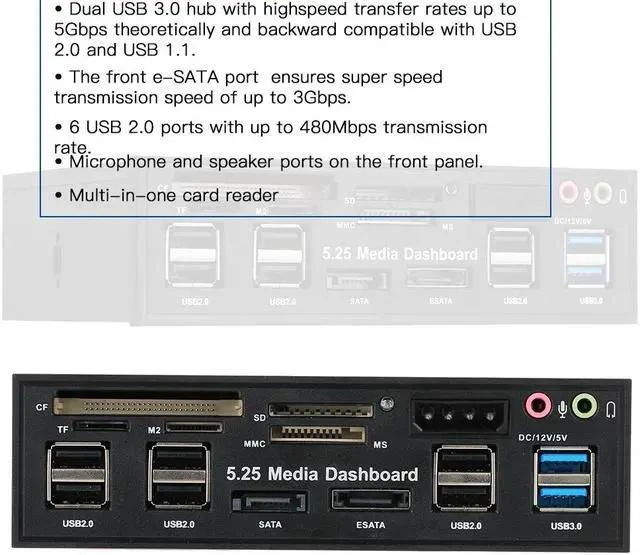 Main image of Multi-Function USB 3.0 Hub eSATA SATA Port Internal Card Reader PC Dashboard Media Front Panel Audio for SD MS CF TF M2 MMC Memory Cards Fits 5.25" Bay