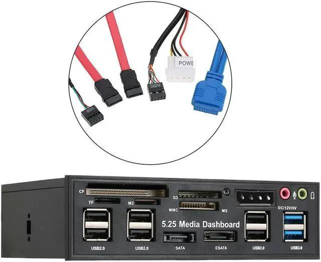 Alt view image 3 of 6 - Multi-Function USB 3.0 Hub eSATA SATA Port Internal Card Reader PC Dashboard Media Front Panel Audio for SD MS CF TF M2 MMC Memory Cards Fits 5.25" Bay