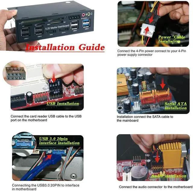 Alt view image 4 of 6 - Multi-Function USB 3.0 Hub eSATA SATA Port Internal Card Reader PC Dashboard Media Front Panel Audio for SD MS CF TF M2 MMC Memory Cards Fits 5.25" Bay