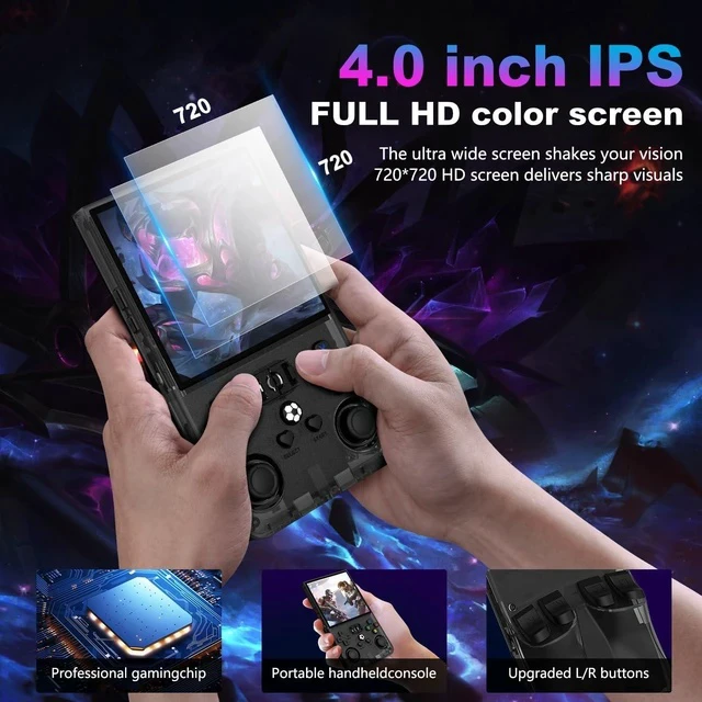 Alt view image 2 of 7 - R36MAX Retro Handheld Game Console, 4.0 Inch 720x720 IPS Screen, 64GB Built-in 18,000+ Classic Game, Portable Hand Held Open Source Linux System, 4000mAh Battery Retro Gaming Console(Black 64GB)