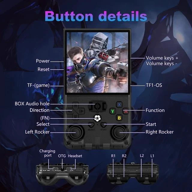 Alt view image 7 of 7 - R36MAX Retro Handheld Game Console, 4.0 Inch 720x720 IPS Screen, 64GB Built-in 18,000+ Classic Game, Portable Hand Held Open Source Linux System, 4000mAh Battery Retro Gaming Console(Black 64GB)