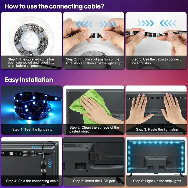Alt view image 5 of 6 - LED Strip Lights 10ft 6 Pre-cut 1.64ft RGB LED Lights for 43-65 Inch TV App Control TV LED Backlight with Remote Music Sync USB Bias Lighting LED Strip Lights for Bedroom PC Monitor Mirror Cabinet