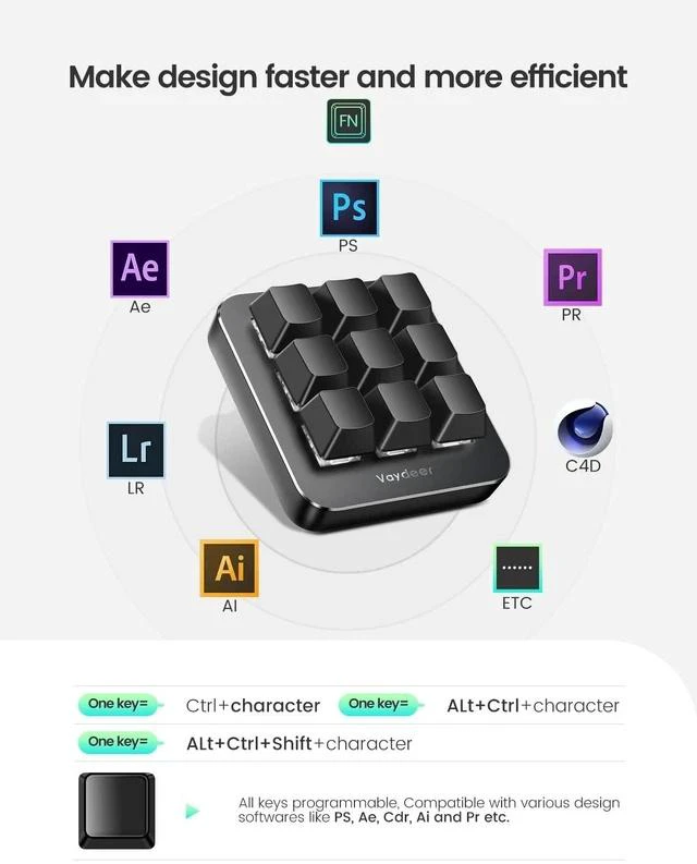 Alt view image 7 of 7 - One-Handed Mechanical Keyboard Support NKRO, Hotkeys, One-Click Start,9 Fully Programmable Keys with Floating Window and Macro Multifunctional Keypad for iOS,Windows, Gift Idea for Him/Her