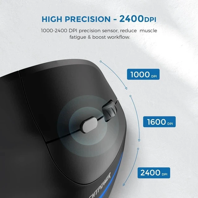 Alt view image 4 of 6 - ECHTPower Ergonomic Wireless Mouse, Vertical Mouse with Adjustable DPI 2400/1600/1000, Rechargeable Mice with LED Light, Ergo Mouse for Laptop/PC/Windows/macOS