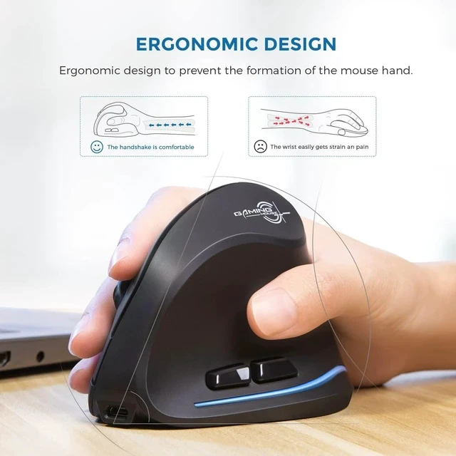 Alt view image 2 of 6 - ECHTPower Ergonomic Wireless Mouse, Vertical Mouse with Adjustable DPI 2400/1600/1000, Rechargeable Mice with LED Light, Ergo Mouse for Laptop/PC/Windows/macOS