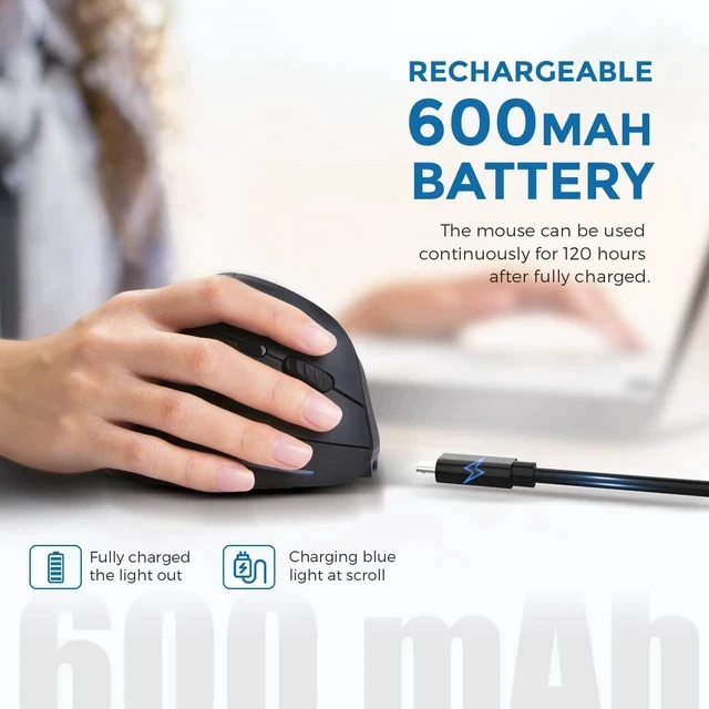 Alt view image 5 of 6 - ECHTPower Ergonomic Wireless Mouse, Vertical Mouse with Adjustable DPI 2400/1600/1000, Rechargeable Mice with LED Light, Ergo Mouse for Laptop/PC/Windows/macOS