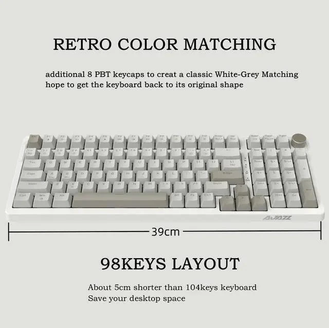 Main image of FIRSTBLOOD ONLY GAME. AK992 Retro Wired Mechanical Keyboard, 98 Keys Full Layout, Hot-Swappable USB Gaming Keyboard with Red Switches, Multimedia Keys Knob, Blue Backlit, Anti-Ghosting, Grey