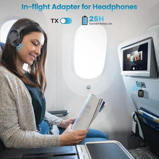Alt view image 2 of 7 - Bluetooth 5.4 Transmitter Receiver for Airplane Wireless Bluetooth Adapter Travel Essentials Supports to 2 Headphones 25H Playtime 2-in-1 Adapter with LED Display for TVs Gym Home