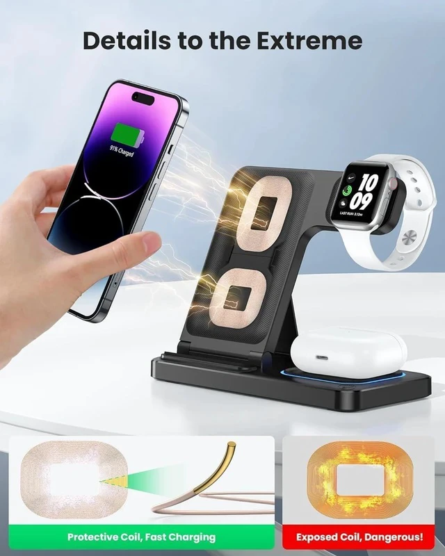 Alt view image 2 of 7 - 3 in 1 Wireless Charger for iphone 16 15 14 13 12 11 XR 8 Charging Station for Watch 10/9/Ultra/8/7/SE/6/5/4 & AirPods Series Wireless Charging Station for Multiple Devices