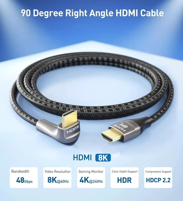 Alt view image 2 of 7 - 48Gbps Ultra HD 8K Right Angle HDMI Cable 6.6 ft (270 Degree HDMI Cable) with 8K@60Hz 4K@240Hz and HDR Support in Black