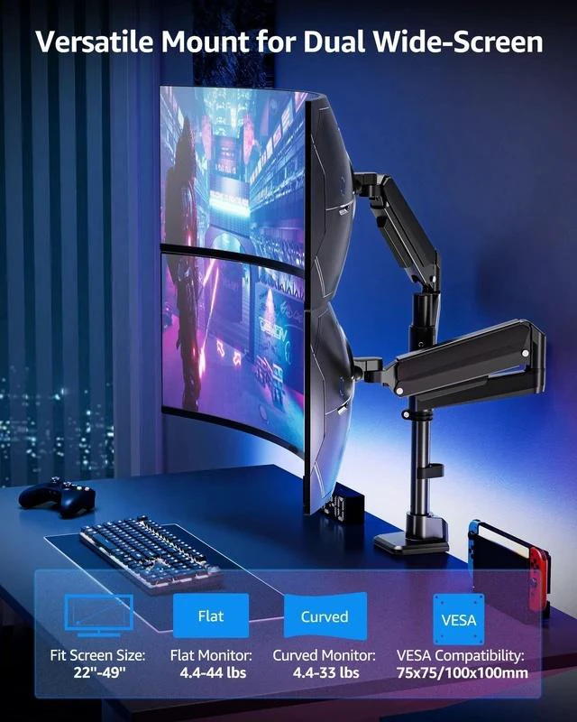 Alt view image 2 of 5 - MOUNTUP Dual Monitor Stand Fits 49 45 42 40 39 34 32 Inch Screens, Heavy Duty Dual Monitor Arm Holds 4.4-44 lbs, Vertical Stacked Monitors Mount, Full Motion, Height Adjustable, VESA Mount