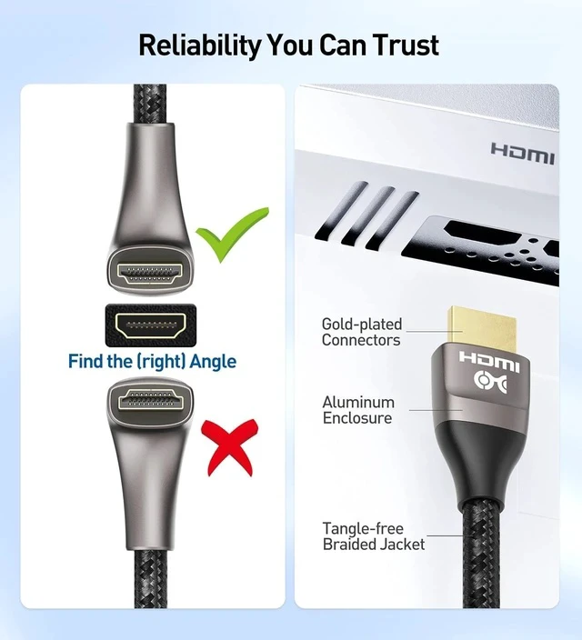 Alt view image 5 of 7 - 48Gbps Ultra HD 8K Right Angle HDMI Cable 6.6 ft (270 Degree HDMI Cable) with 8K@60Hz 4K@240Hz and HDR Support in Black