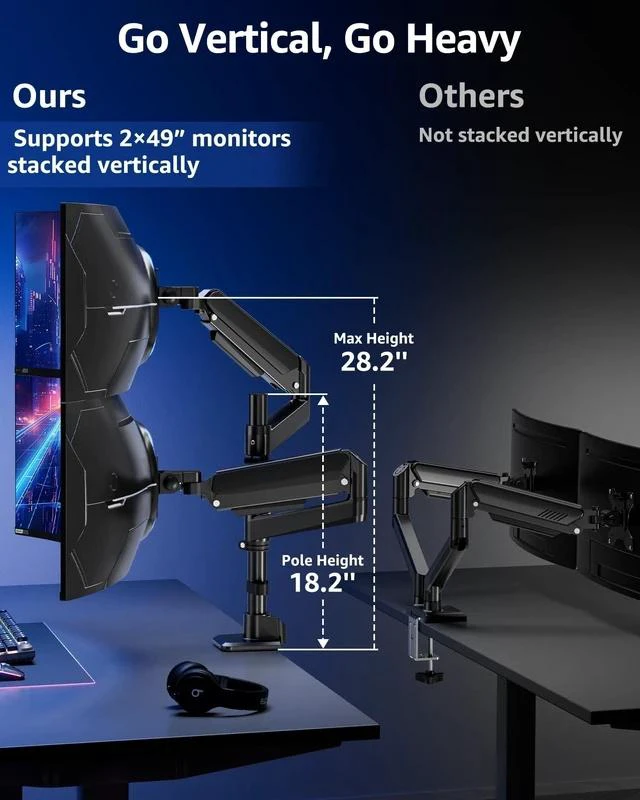 Alt view image 3 of 5 - MOUNTUP Dual Monitor Stand Fits 49 45 42 40 39 34 32 Inch Screens, Heavy Duty Dual Monitor Arm Holds 4.4-44 lbs, Vertical Stacked Monitors Mount, Full Motion, Height Adjustable, VESA Mount