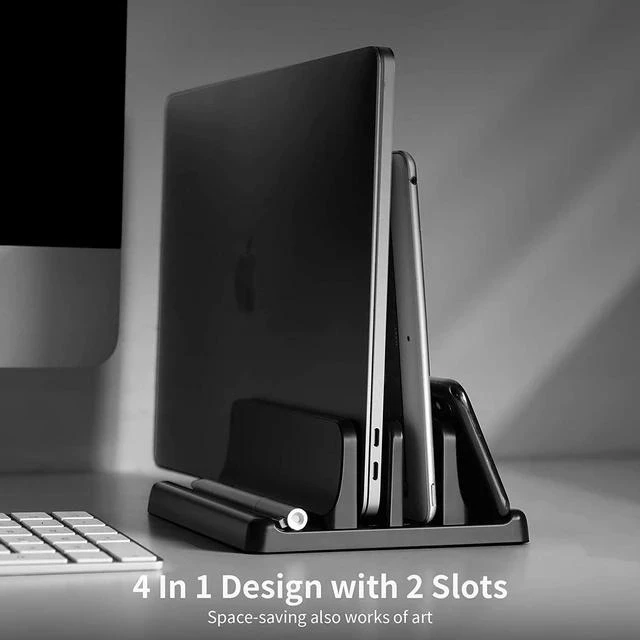 Alt view image 6 of 7 - Vertical Laptop Holder, Vertical Laptop Stand with Adjustable Dock Size, MacBook Stand Made of Premium ABS Plastic, 4 in 1 Design Space-Saving for All Cellphones, MacBooks