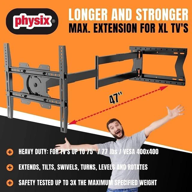 Main image of Physix 2120 Long arm TV Wall Mount for 32-75 inch Screens | Extra Long Extension up to 47 inch | Heavy-Duty TV Mount Holds up to 77 lbs | Full-Motion, swivels up to 180° | Max. VESA 400x400