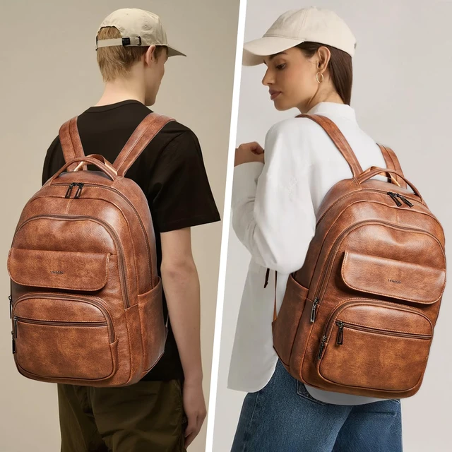 Alt view image 2 of 7 - Vegan Leather Backpack Purse for Women & Men Travel Work Laptop Daypack, College & Business Office Bag, Brown