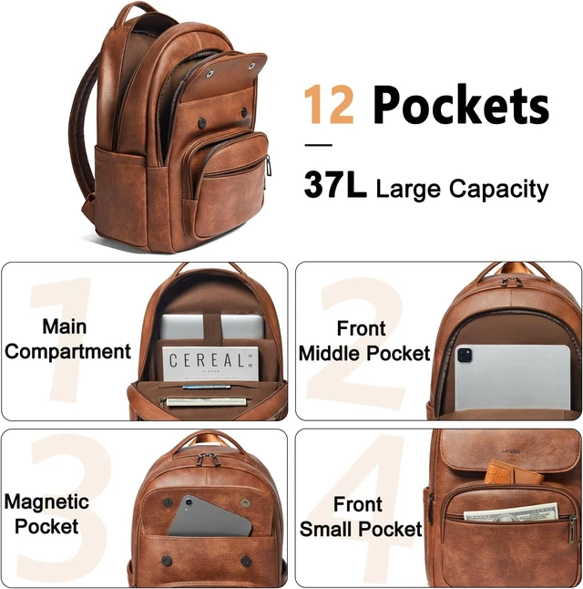 Alt view image 4 of 7 - Vegan Leather Backpack Purse for Women & Men Travel Work Laptop Daypack, College & Business Office Bag, Brown