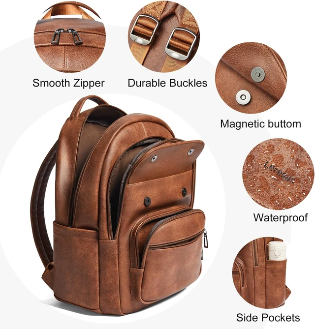 Alt view image 5 of 7 - Vegan Leather Backpack Purse for Women & Men Travel Work Laptop Daypack, College & Business Office Bag, Brown