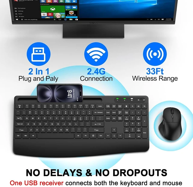Alt view image 2 of 7 - Ergonomic Wireless Keyboard & Mouse Combo Full-Size Silent Keyboard with Wrist Rest & Phone Holder, 3-Level DPI Mouse, 2.4G Lag-Free, Long Battery Life for PC/Mac/Windows