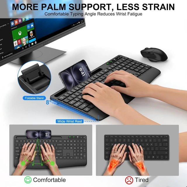 Alt view image 3 of 7 - Ergonomic Wireless Keyboard & Mouse Combo Full-Size Silent Keyboard with Wrist Rest & Phone Holder, 3-Level DPI Mouse, 2.4G Lag-Free, Long Battery Life for PC/Mac/Windows