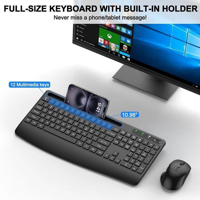 Alt view image 4 of 7 - Ergonomic Wireless Keyboard & Mouse Combo Full-Size Silent Keyboard with Wrist Rest & Phone Holder, 3-Level DPI Mouse, 2.4G Lag-Free, Long Battery Life for PC/Mac/Windows
