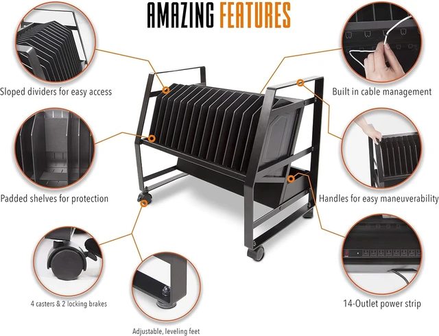 Alt view image 5 of 7 - Line Leader 14-Device Open Charging Cart for Laptops, Tablets & Chromebooks Mobile Station with Removable Wheels & UL-Listed Surge-Protected Power Strip